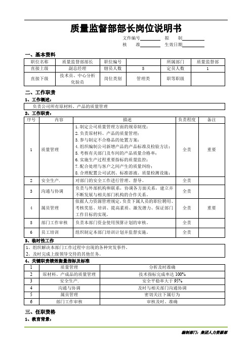 质量监督部部长岗位说明书