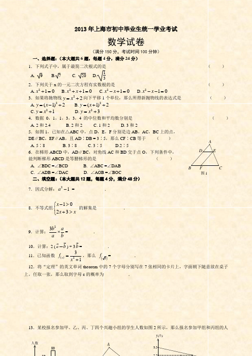 中考试卷-2013年上海市初中毕业生统一学数