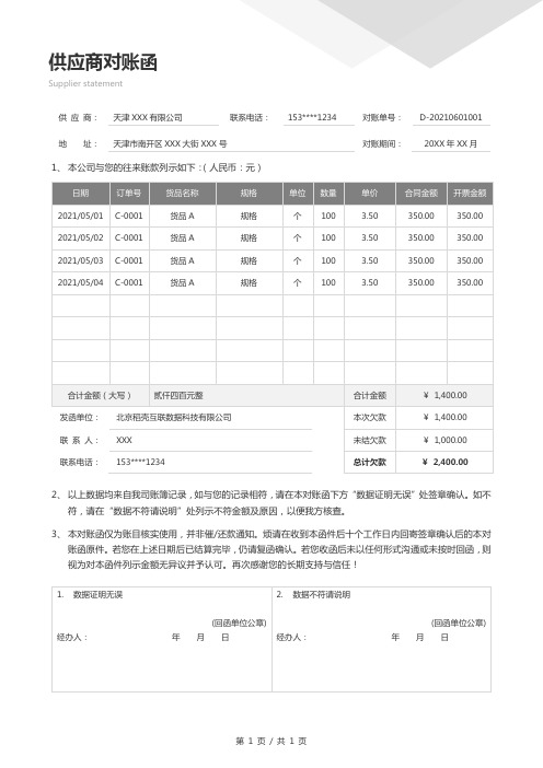 财务往来账对账函