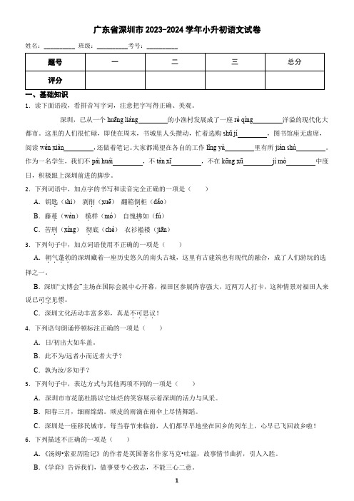 广东省深圳市2023-2024学年小升初语文试卷(含答案)