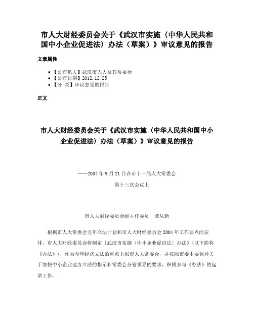 市人大财经委员会关于《武汉市实施〈中华人民共和国中小企业促进法〉办法（草案）》审议意见的报告