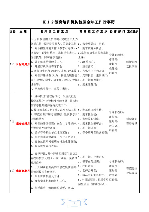 K12教育培训机构校区全年工作行事历