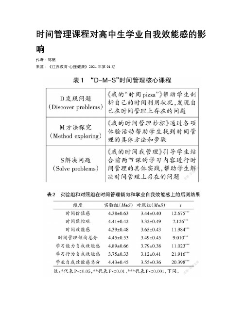 时间管理课程对高中生学业自我效能感的影响