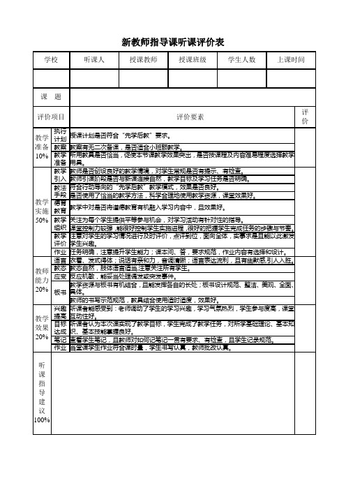 新教师指导听课评价表