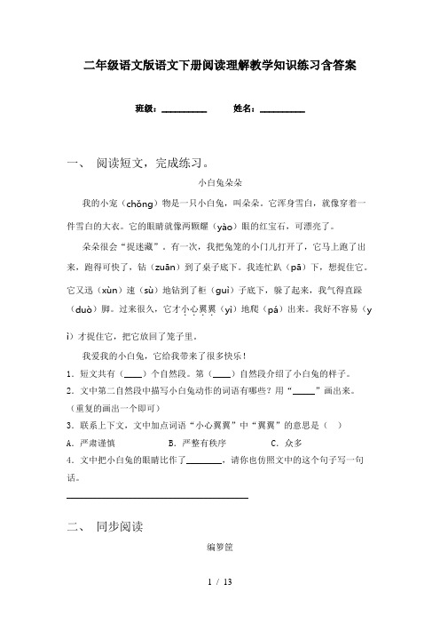 二年级语文版语文下册阅读理解教学知识练习含答案