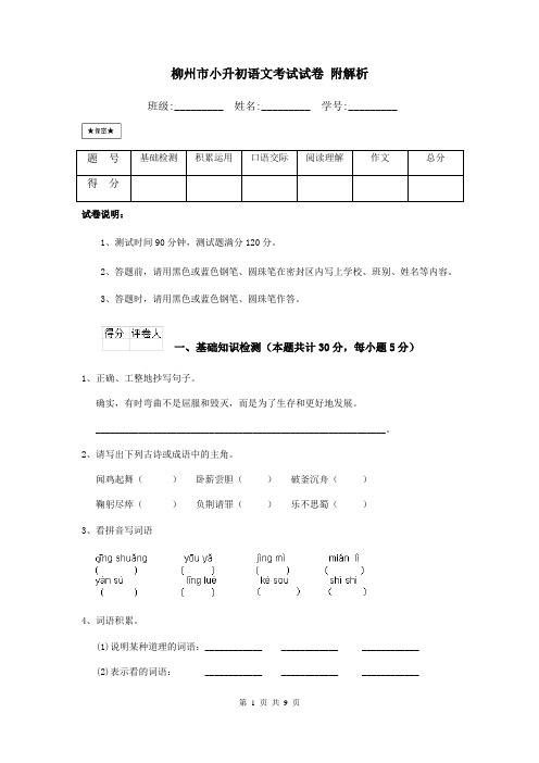 柳州市小升初语文考试试卷-附解析