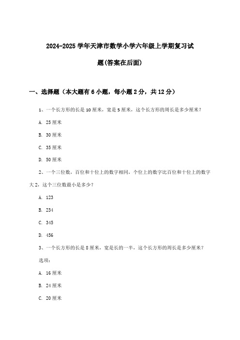 2024-2025学年天津市小学六年级上学期数学试题与参考答案