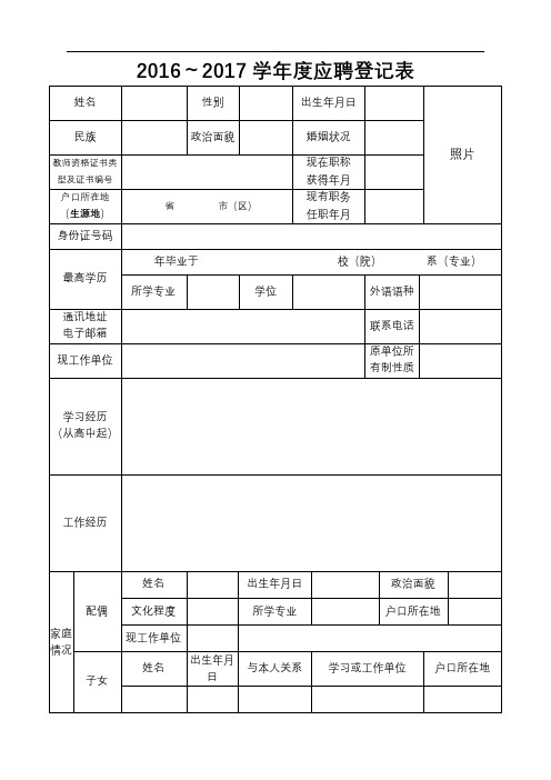 2016～2017学年度应聘登记表【模板】