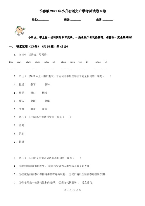 长春版2021年小升初语文升学考试试卷B卷