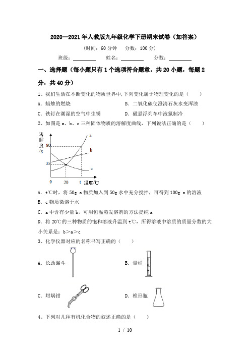 2020—2021年人教版九年级化学下册期末试卷(加答案)