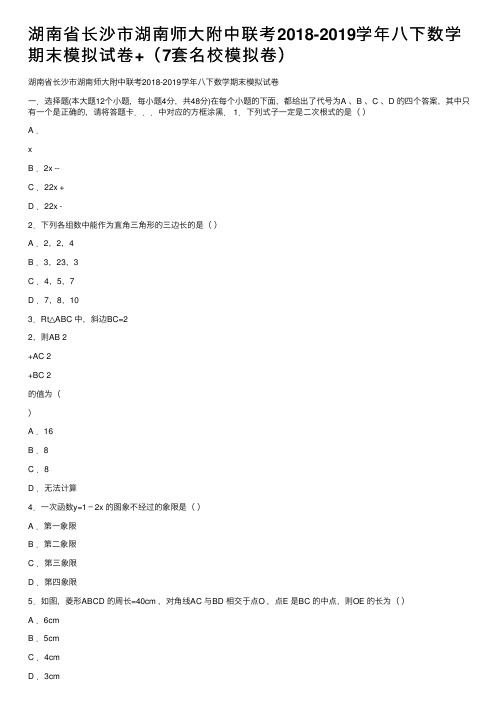 湖南省长沙市湖南师大附中联考2018-2019学年八下数学期末模拟试卷+（7套名校模拟卷）