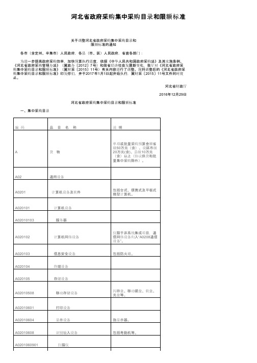 河北省政府采购集中采购目录和限额标准