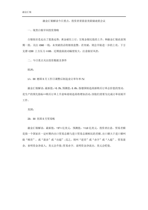 融金汇银解读今日重点,投资者需留意美联储凌晨会议