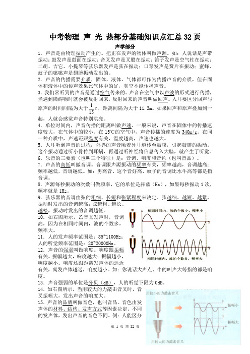 中考物理 声 光 热部分基础知识点汇总32页