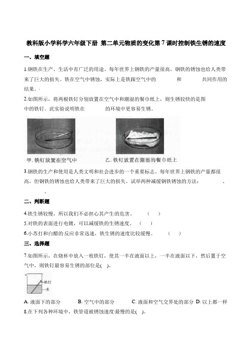 六年级下册科学一课一练-第二单元物质的变化第7课时控制铁生锈的速度∣教科版(含解析)