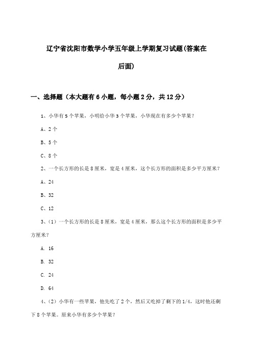 辽宁省沈阳市小学五年级上学期数学试题及解答参考