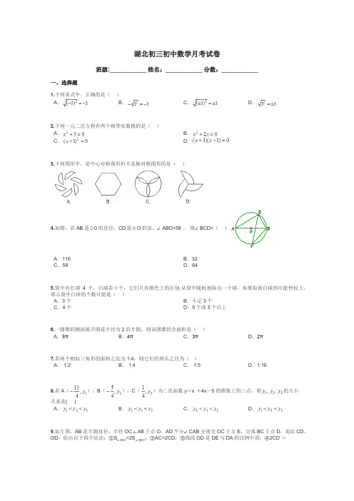 湖北初三初中数学月考试卷带答案解析
