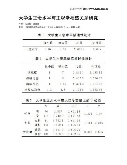 大学生正念水平与主观幸福感关系研究