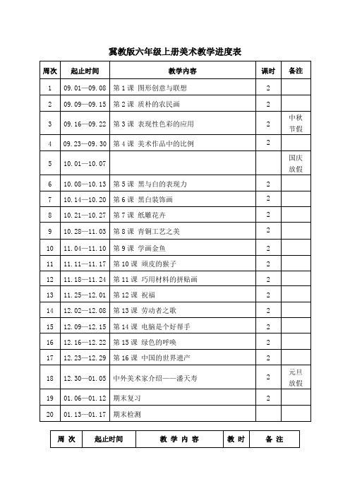 冀教版六年级上册美术教学进度表