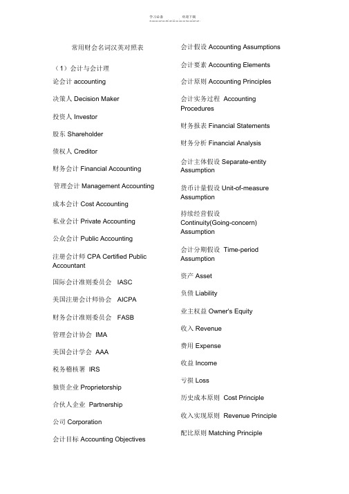 常用财会名词汉英对照表