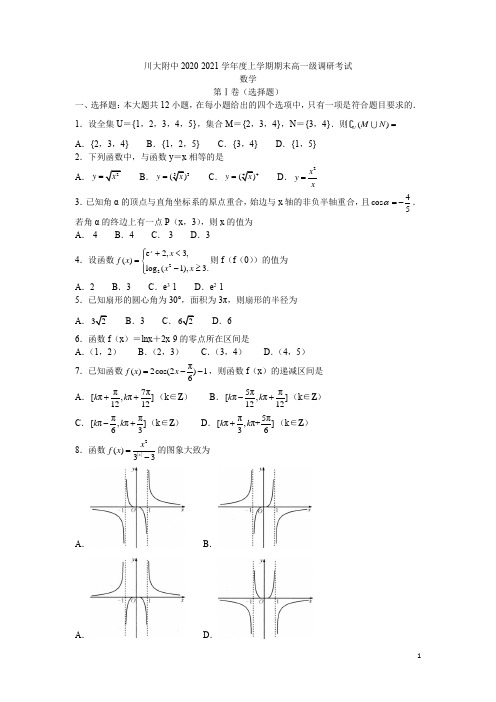 2020-2021学年四川省川大附中高一上学期期末调研考试数学试题 Word版