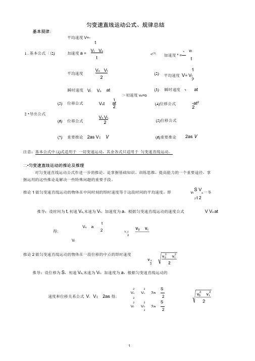 word完整版匀变速直线运动公式推论推导及规律总结推荐文档