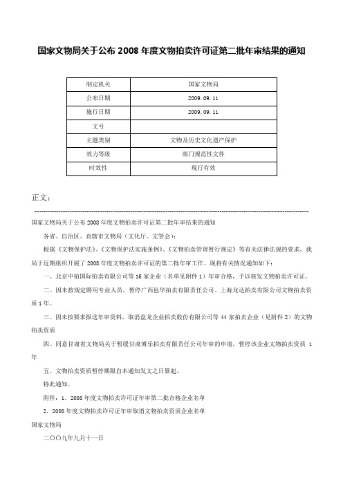 国家文物局关于公布2008年度文物拍卖许可证第二批年审结果的通知-