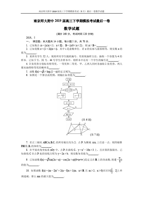 2019届江苏省南京师大附中高三下学期模拟考试最后一卷(5月)数学(含答案)