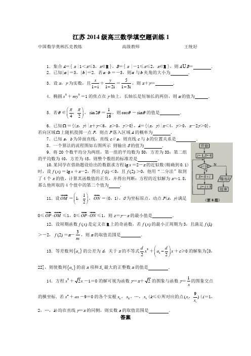 江苏2014级高三数学填空题训练1