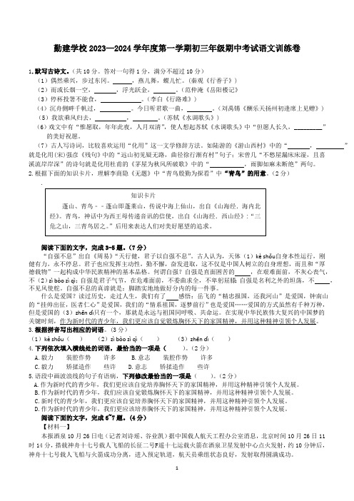 广东省揭阳市普宁市勤建学校2023-2024学年九年级上学期期中语文试题(含答案)