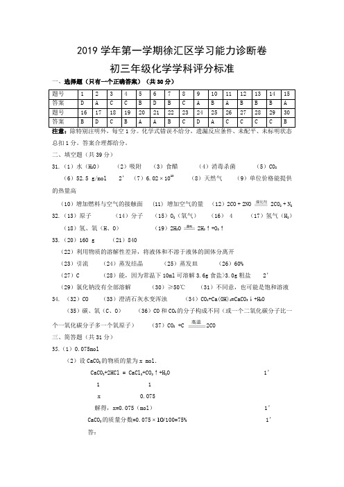 上海徐汇区2020年初三一模化学试卷参考答案