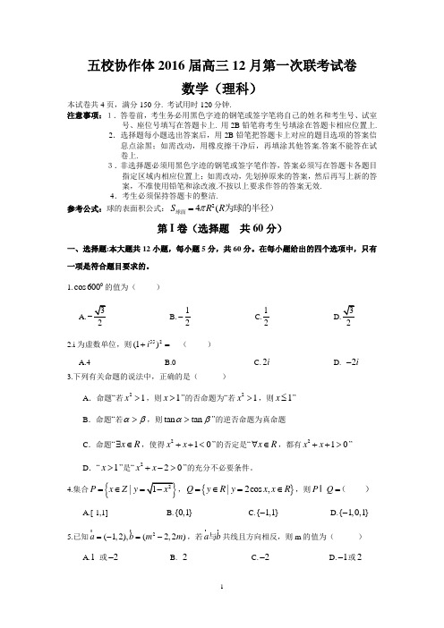 五校协作体2016届高三12月第一次联考(理数)