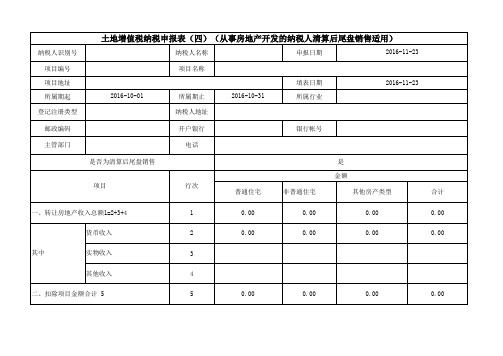 土地增值税纳税申报表(四)(从事房地产开发的纳税人清算后尾盘销售适用)