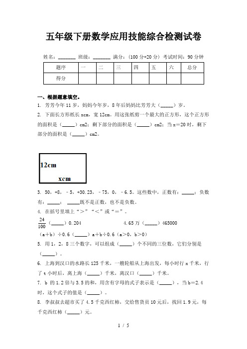 五年级下册数学应用技能综合检测试卷