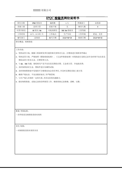 IPQC检验员岗位说明书