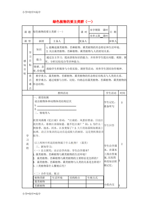 七年级生物上册2.1.1绿色植物的主要类群教案1新版济南版