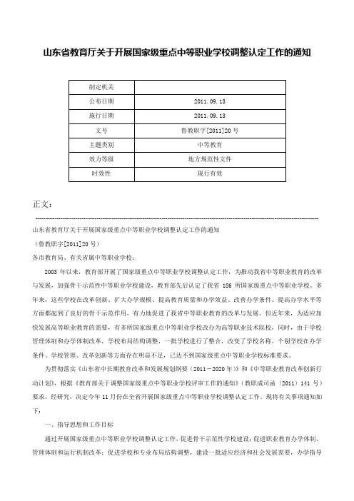 山东省教育厅关于开展国家级重点中等职业学校调整认定工作的通知-鲁教职字[2011]20号