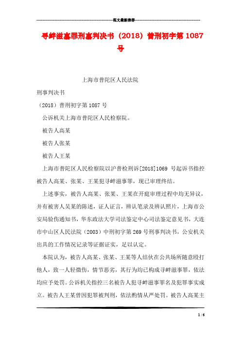 寻衅滋事罪刑事判决书(2018)普刑初字第1087号