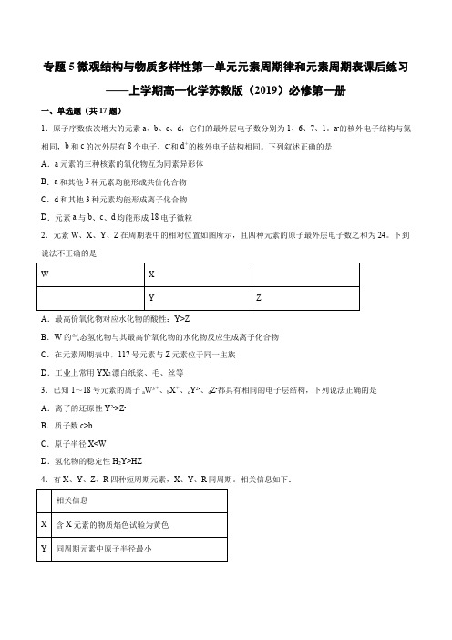 专题5第一单元元素周期律和元素周期表课后练习—— 高一化学苏教版(2019)必修第一册