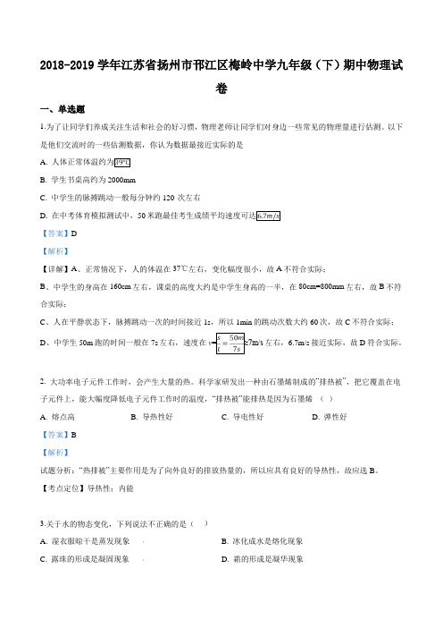 精品解析：江苏省扬州市邗江区梅岭中学2019届九年级下学期期中物理试题(解析版)