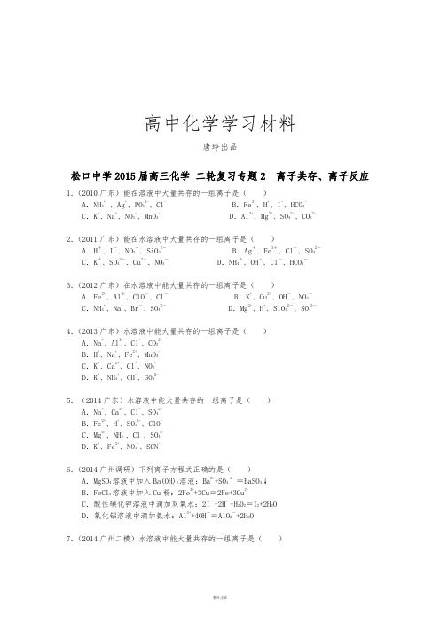 高考化学复习广东省梅县松口中学高三化学二轮专题复习专题二离子共存、离子反应.docx