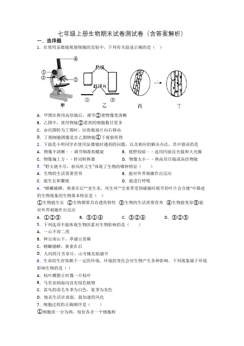 七年级上册生物期末试卷测试卷(含答案解析)