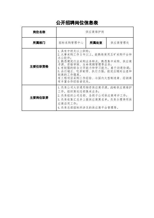 公开招聘岗位信息表供应商维护岗