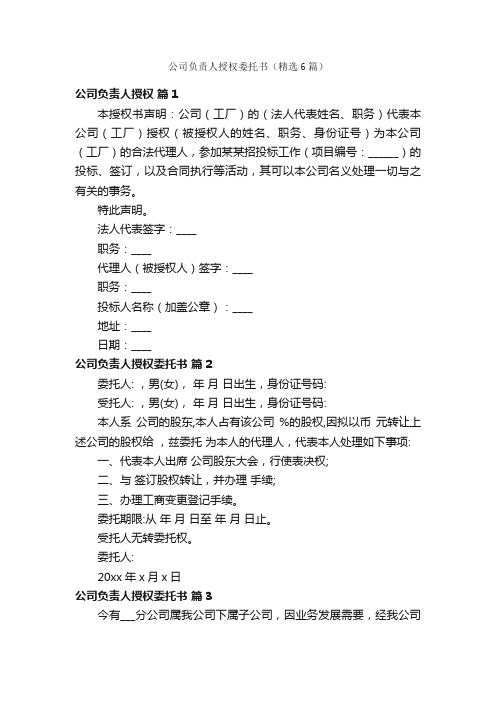 公司负责人授权委托书（精选6篇）