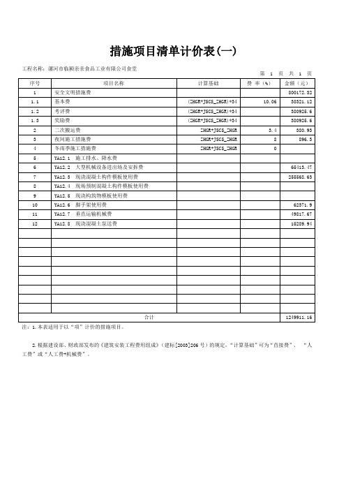 措施项目清单计价表(一)