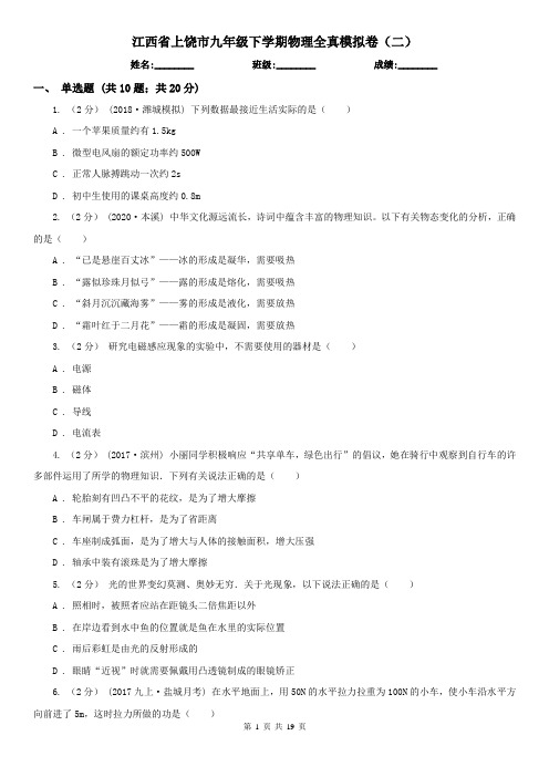 江西省上饶市九年级下学期物理全真模拟卷(二)