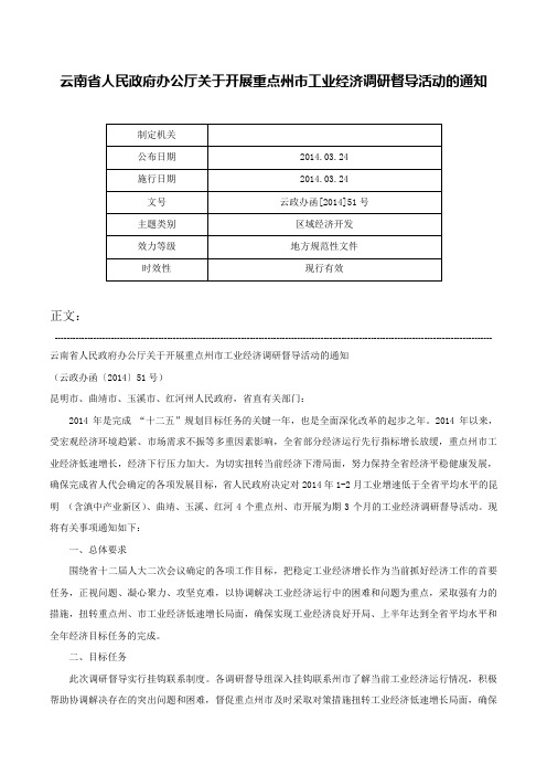 云南省人民政府办公厅关于开展重点州市工业经济调研督导活动的通知-云政办函[2014]51号