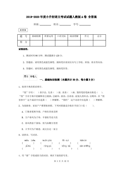 2019-2020年度小升初语文考试试题人教版A卷 含答案