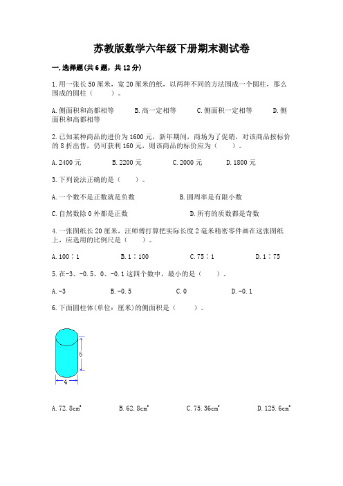 苏教版数学六年级下册期末测试卷含完整答案(历年真题)