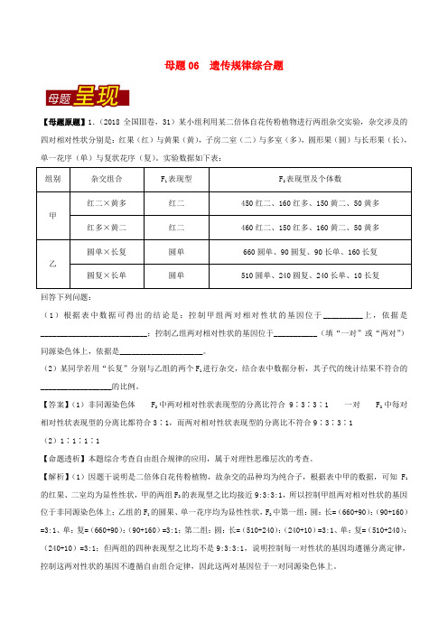 2018年高考生物 母题题源系列 专题06 遗传规律综合题